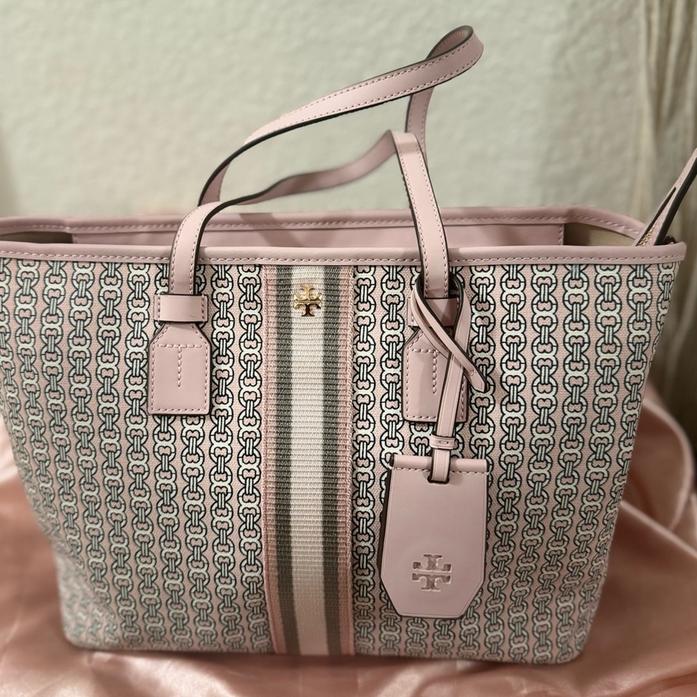 Tory Burch Pink Patterned Tote Handbag with Stripe Accent and cross body strap